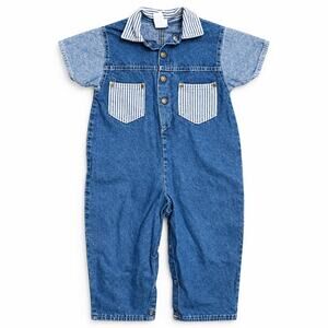 Vintage Buster Brown Toddler Denim Romper 24M Railroad Stripe Snap Crotch